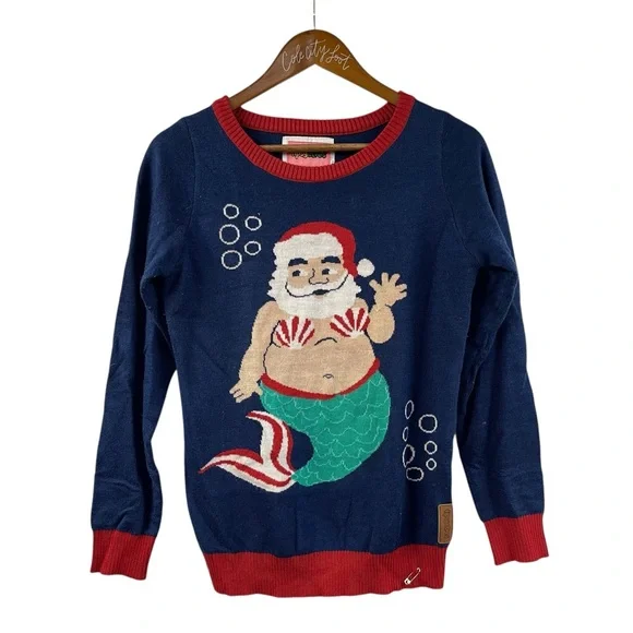 not so ugly Christmas sweater mermaid Santa tipsy elf small blue - Picture 1 of 8